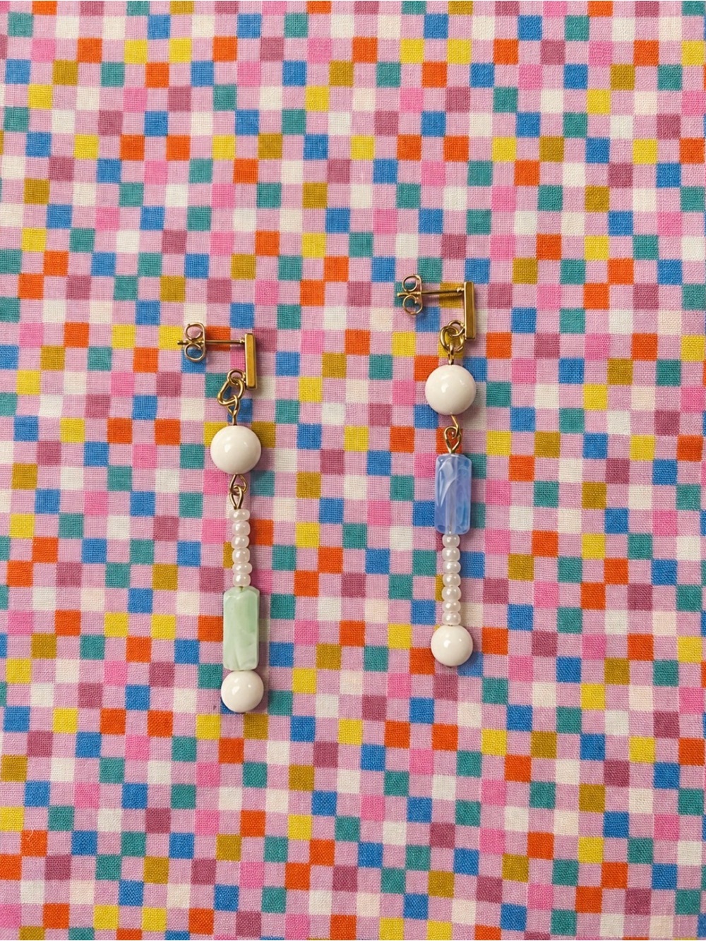 Asymmetrical Pastel Drop Earrings - White, Mint & Blue